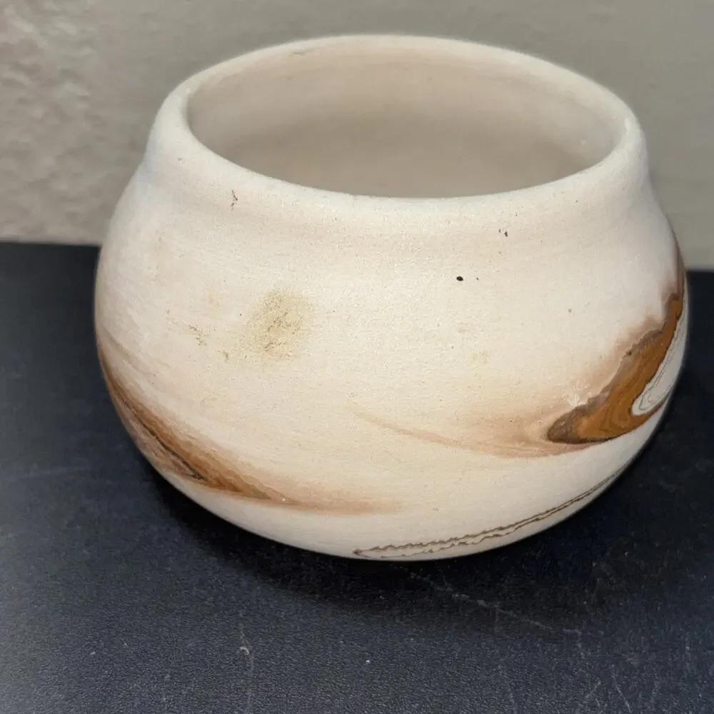 Nemadji Pottery Vintage Bowl / Planter , Orange & Brown Swirl Pattern
